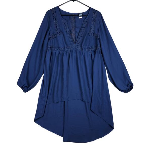 Torrid Womens Blouse Blue High Low Tunic V Neck Balloon Sleeve Lace Plus 0 - Picture 1 of 11